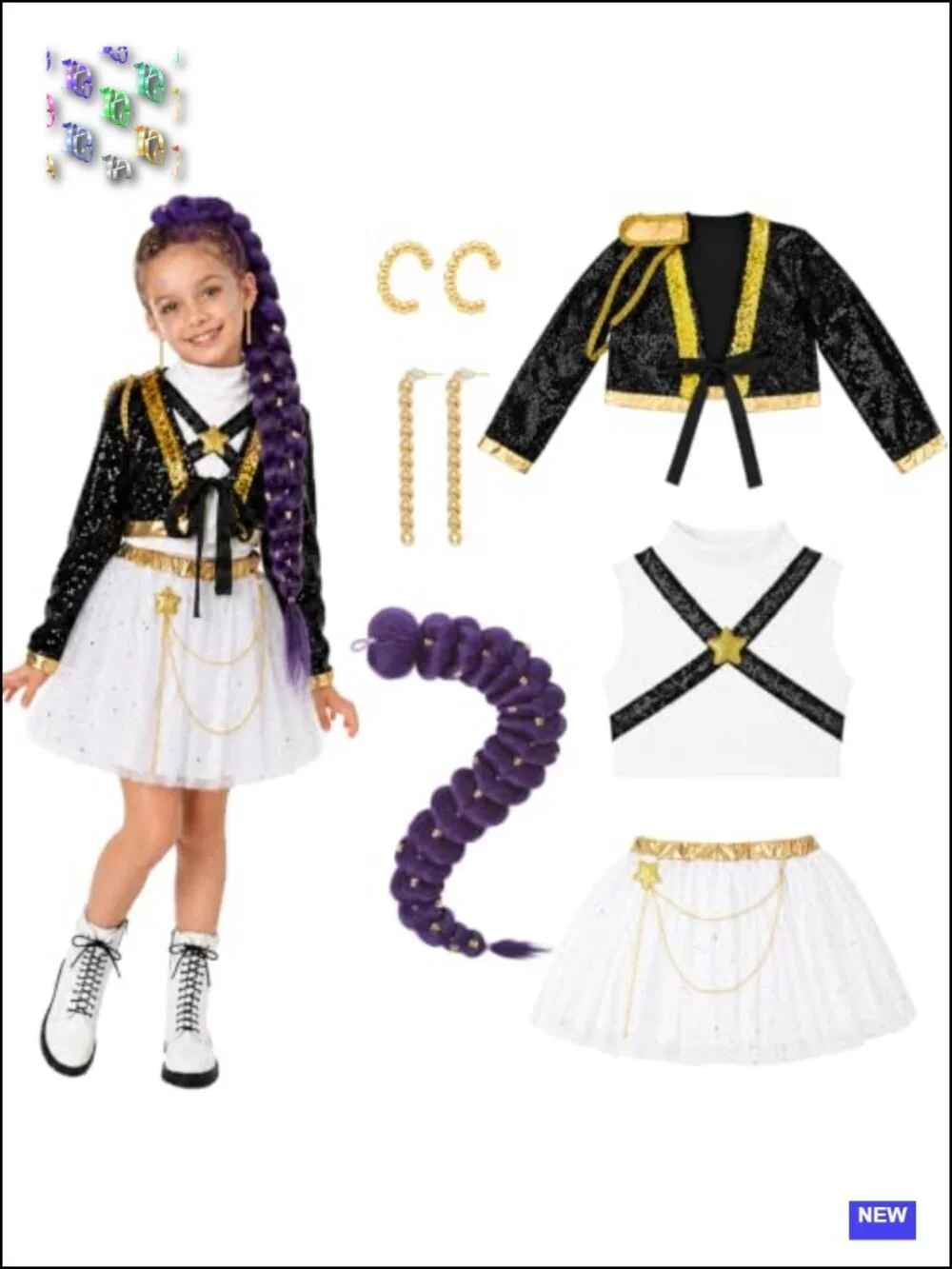 Girls Pop Singer Halloween Costume Sequin Jacket Tulle Skirt 6-Piece Set